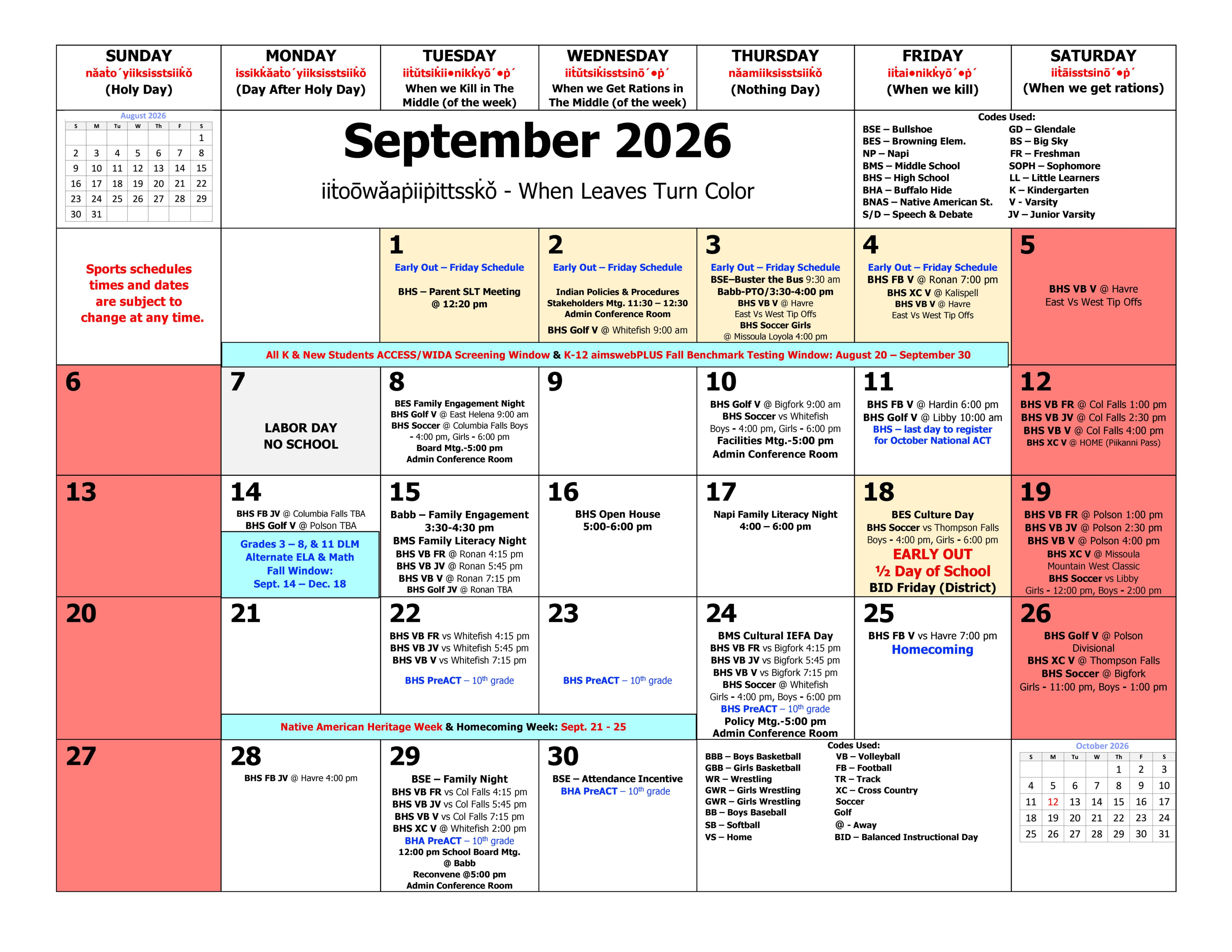 BPS September 2026 Calendar